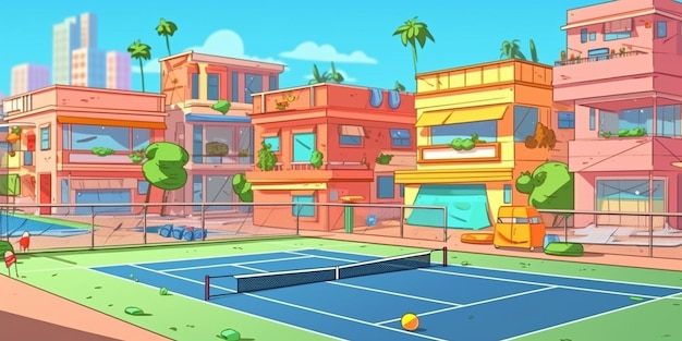 A cartoon tennis court with a palm tree in the background.