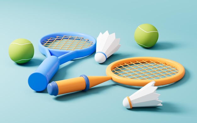 Cartoon tennis en badminton 3D-rendering Digitale tekening