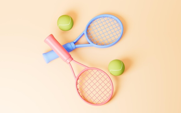 Cartoon tennis and tennis racquet 3d rendering Digital drawing