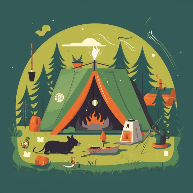 A cartoon of a tent with a cat and a fire in the background.