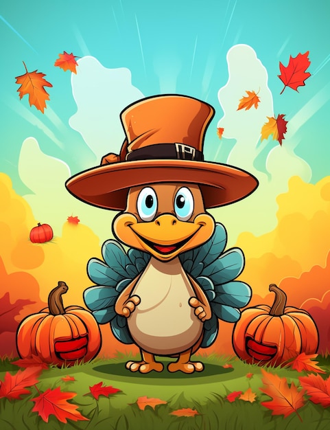 Cartoon thanksgiving turkey in a pilgrim hat with pumpkins generative ai