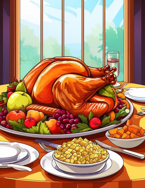 A cartoon thanksgiving turkey on a platter with fruit and vegetables generative ai