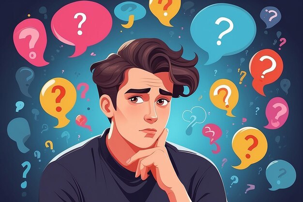 Cartoon thinking man with question mark vector illustration Male is confusing Portrait of thoughtful boy smart men thinking or solving problem Pensive guy surrounded by thought bubbles