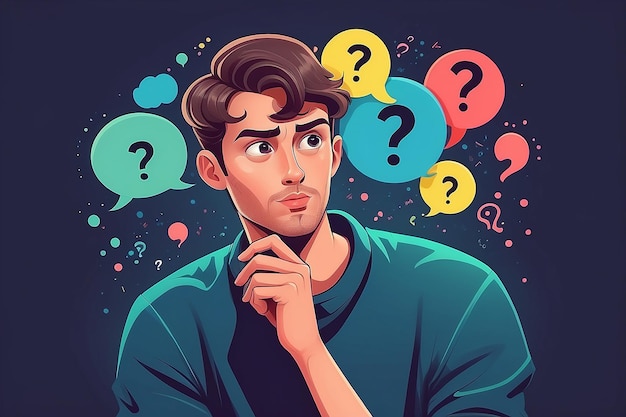 Cartoon thinking man with question mark vector illustration Male is confusing Portrait of thoughtful boy smart men thinking or solving problem Pensive guy surrounded by thought bubbles