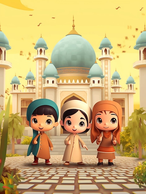 A cartoon of three children in front of a mosque