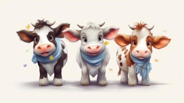 A cartoon of three cows with a blue scarf that says'cow'on it.