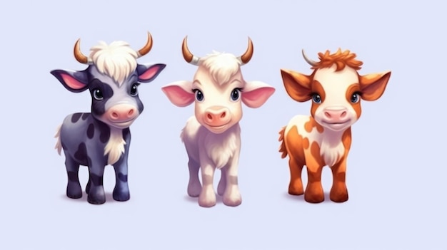 A cartoon of three cows with one of them has a black and white cow on its head.