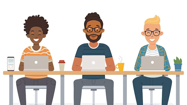 cartoon of three diverse software developers and product designers sat around a table in an office o