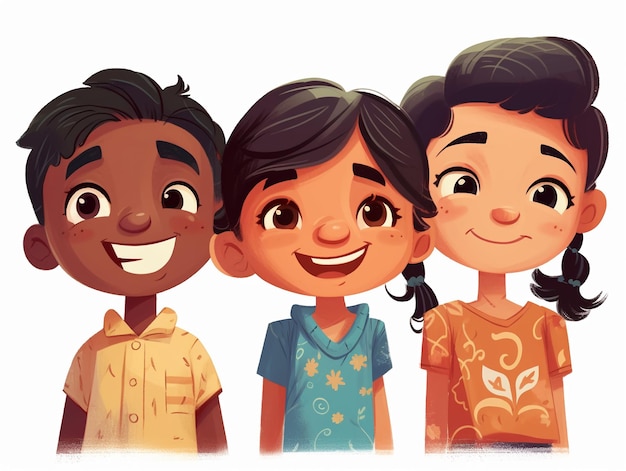 A cartoon of three kids with different facial expressions.