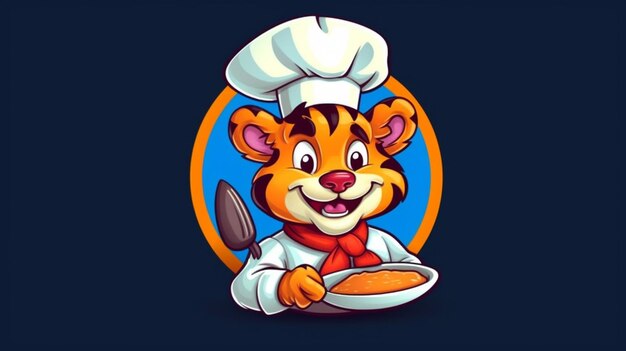 Photo cartoon tiger chef holding a plate of food with a knife and fork generative ai