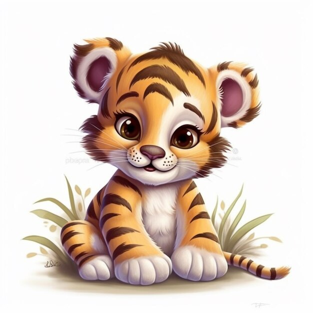 Cartoon tiger cub sitting in the grass generative ai