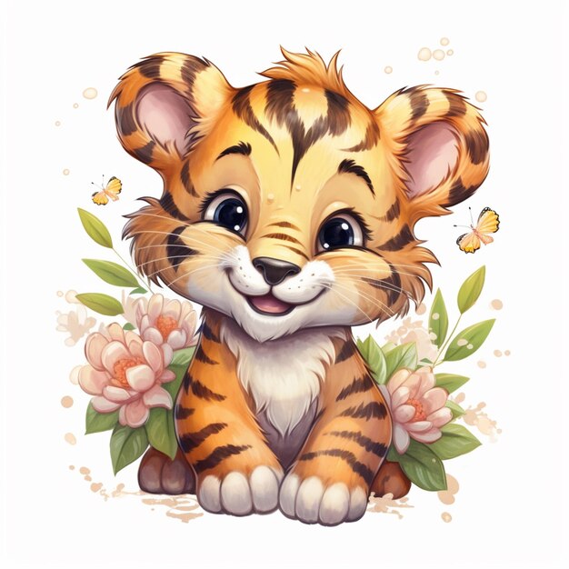 Photo cartoon tiger cub sitting in the grass with flowers and butterflies generative ai