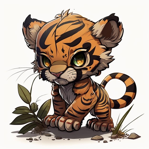 cartoon tiger cub sitting on the ground with a leaf in its mouth generative ai