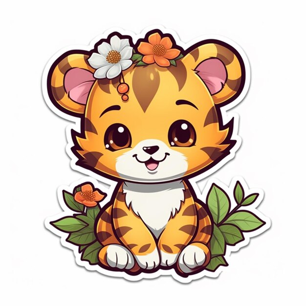 Photo a cartoon tiger cub with a flower in its hair generative ai