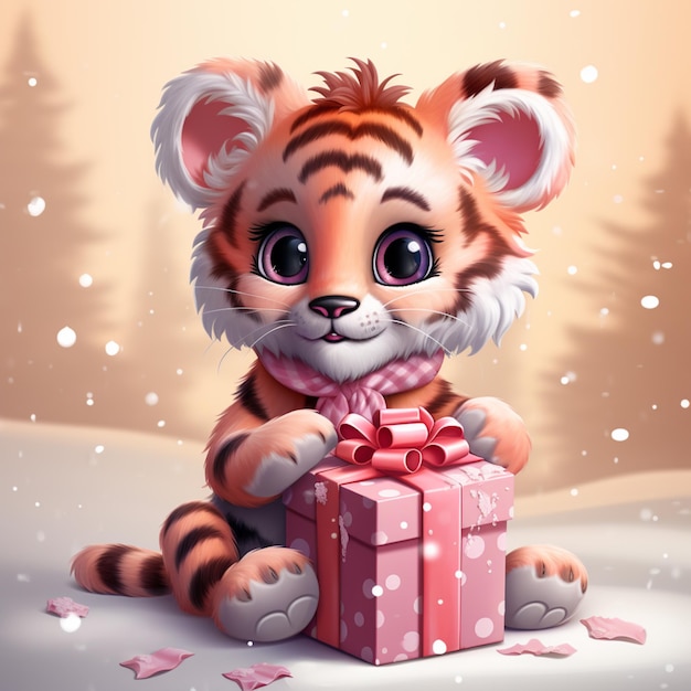 Photo cartoon tiger cub with a gift in the snow generative ai