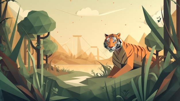 A cartoon tiger in a forest with the word tiger on it