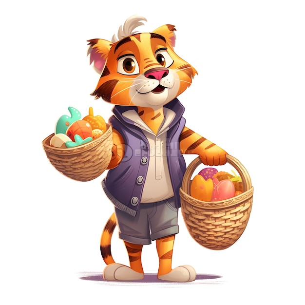 A cartoon Tiger holding a basket of easter eggs