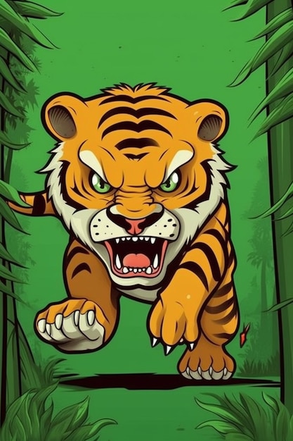 写真 緑の背景でジャングルを走るアニメのトラ ゲネレーティブ・アイ