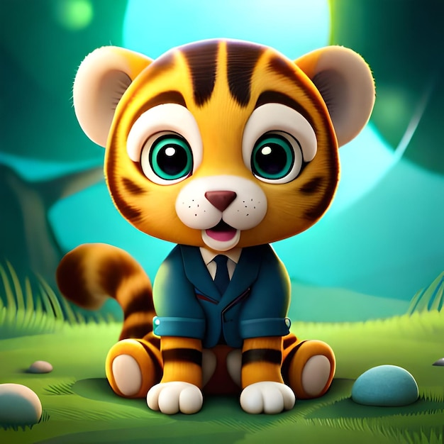 A cartoon tiger that is wearing a suit with a blue shirt and a tie.