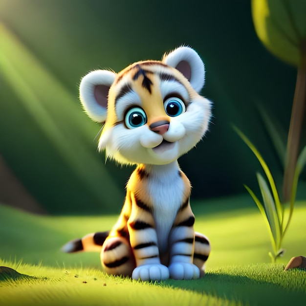 A cartoon tiger with blue eyes sits in a field.