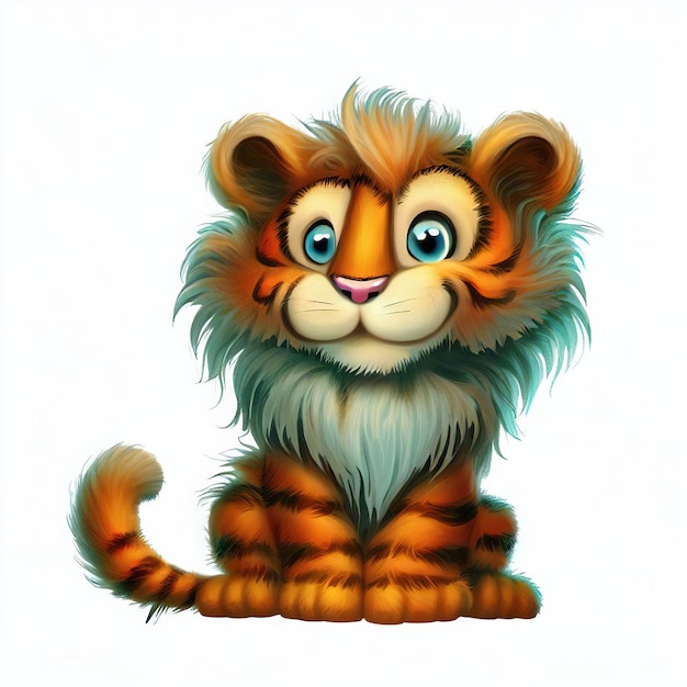 A cartoon tiger with a long tail and a long tail sits on a white background.