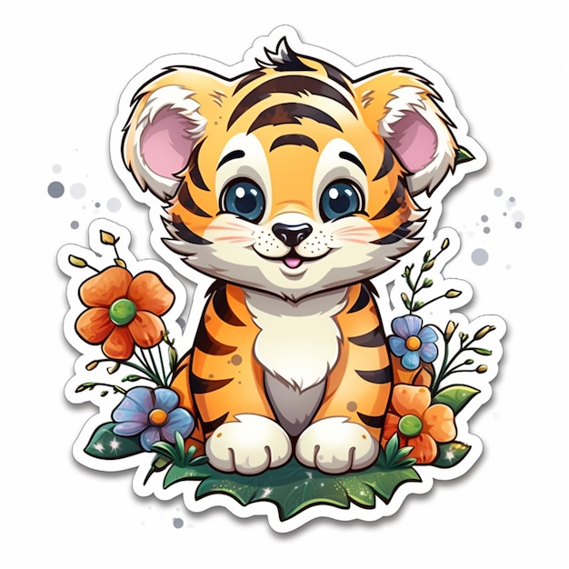 Cartoon tijgerwelp zit in het gras met bloemen en bladeren generatieve ai
