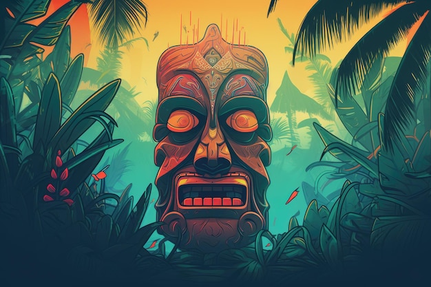 A cartoon of a tiki mask in the jungle