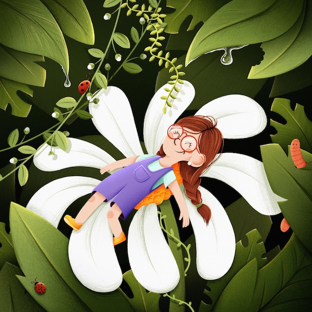 Cartoon tiny girl lying on a flower with cute bugs surrounded by nature children's illustration