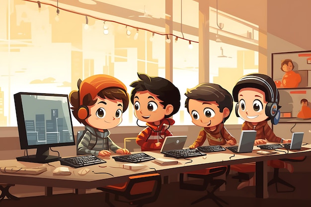 Cartoon tiny young programmers and coders working with computers