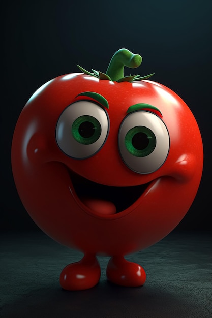 A cartoon tomato with a big smile and green eyes.