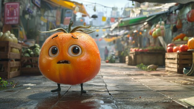 A cartoon tomato with a face and eyes on the street ai