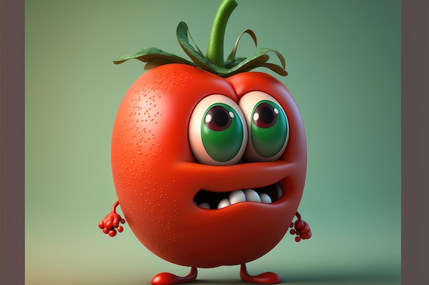 A cartoon tomato with green eyes and green eyes is standing in front of a green background.