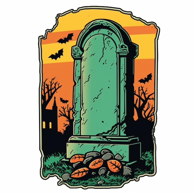 Photo a cartoon of a tombstone with a bat and pumpkins in the grass generative ai