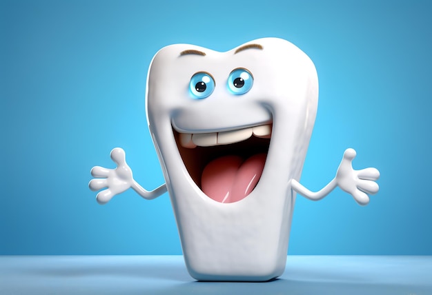 A cartoon tooth with arms and mouth open