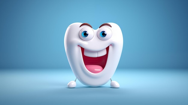 Cartoon tooth with eyes on a blue background with copy space dentistry dentist oral health