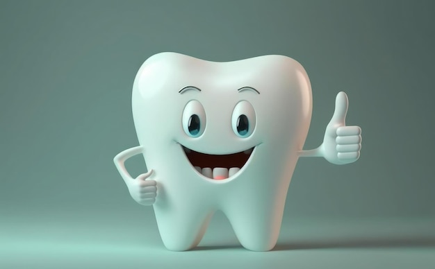 A cartoon tooth with a smiling face giving a thumbs up.