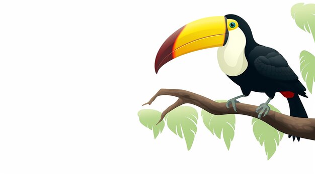 Foto uccello tucano di cartone animato su un ramo d'albero su sfondo bianco