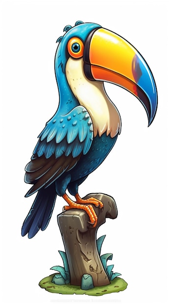 Cartoon toucan vogel zit op een boomstomp met een witte achtergrond generatieve ai