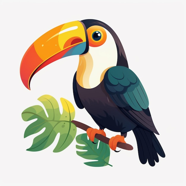 Cartoon toucan zit op een tak met een blad generatieve ai