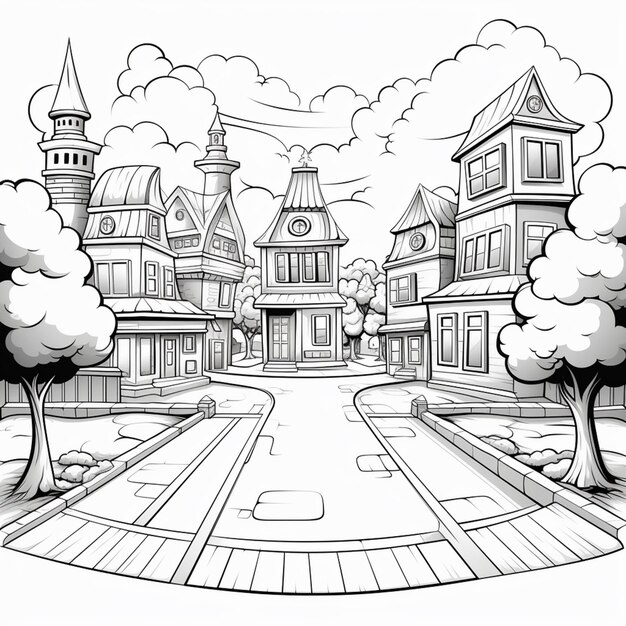 a cartoon town with a clock tower and a tree in the middle generative ai