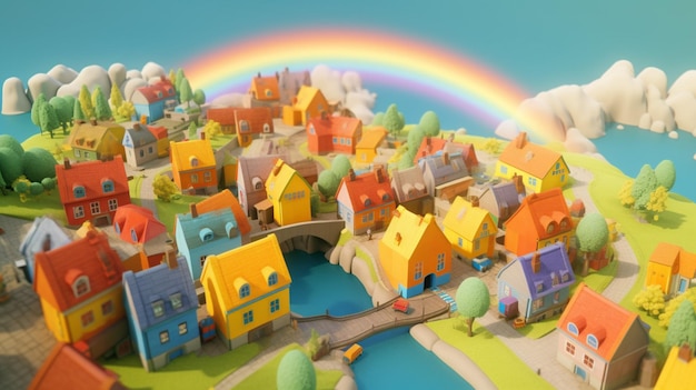 A cartoon of a town with a rainbow in the background