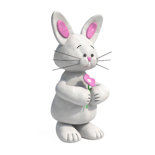 Cartoon Toy Plasticine Rabbit with Flower on a white background. 3d Rendering