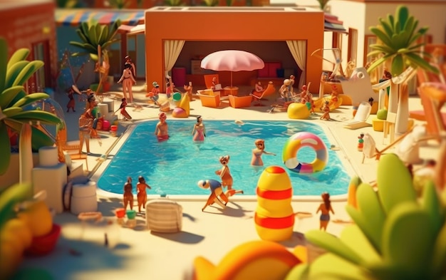 A cartoon of a toy pool with a lot of toys on it