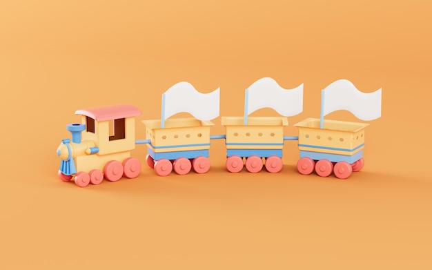 Cartoon train and flags with yellow background 3d rendering