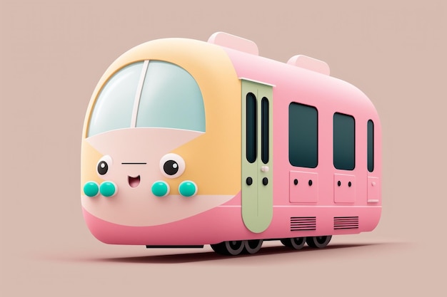 A cartoon train with a face that says'bus'on it