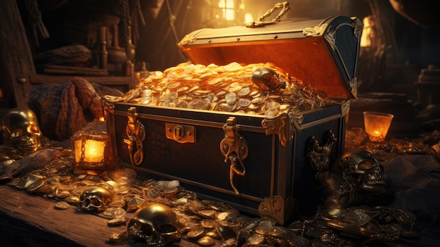 Cartoon treasure chest with golden coins and crystal