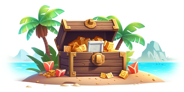 A cartoon treasure chest with a palm tree and a gold coin in the middle.