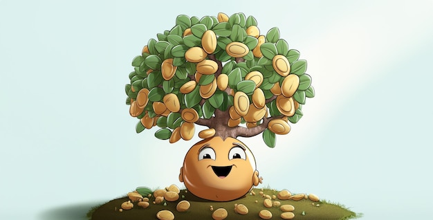 cartoon of a tree bearing golden coins like fruit on its branch number