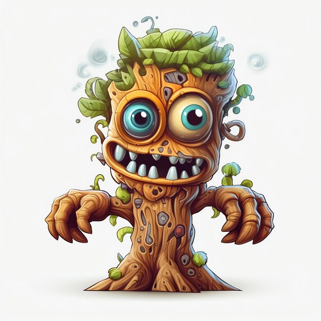 A cartoon tree monster with a bushy eye and a green eye.