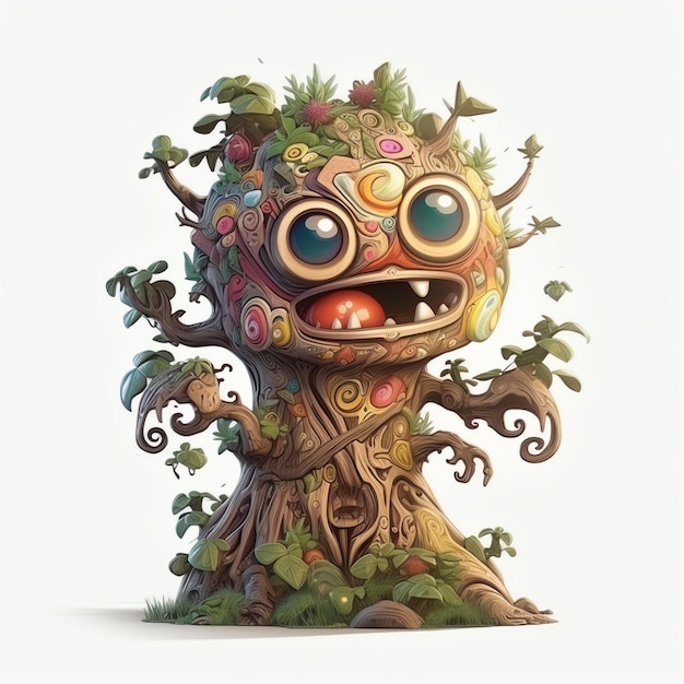 Foto un cartone animato di un albero con una faccia e gli occhi.